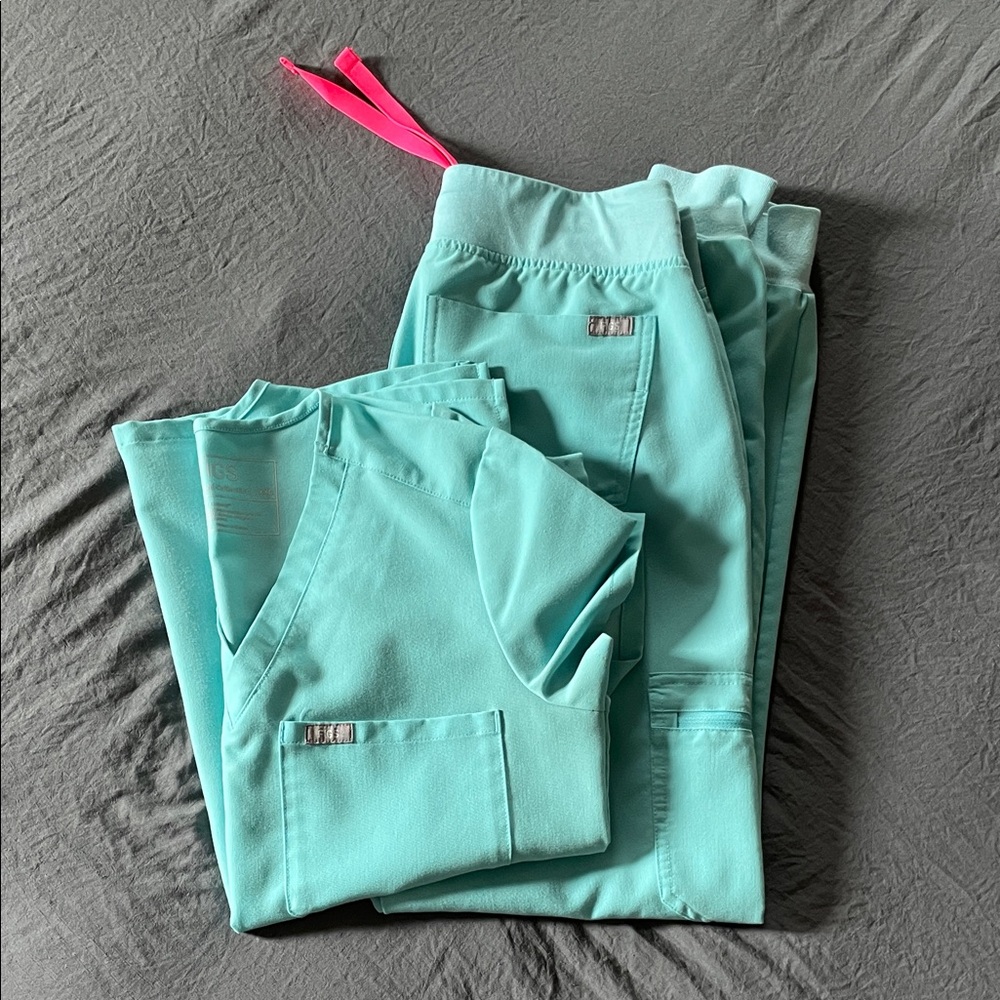 FIGS Teal Scrub Set with Pink Drawstring Accent